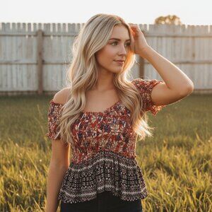 Patrons of Peace M Top Babydoll Smocked Peplum Festival Boho Cottage Retro Fairy